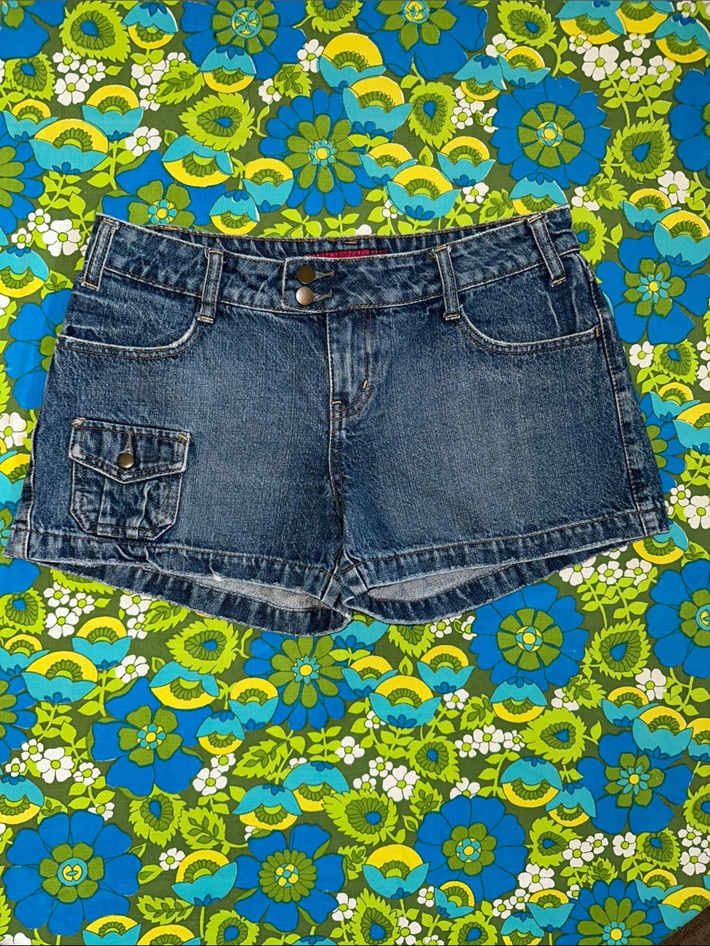 SO Dark Blue Jean Denim Cargo Shorts juniors 7 100% cotton low cargos y2k 90s